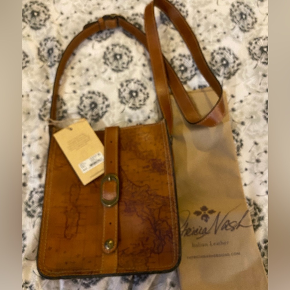 Patricia Nash Leather Handbag, Brown with World Map
